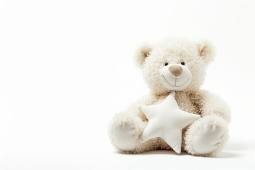 Pastel beige background with teddy bear. Temptey with soft toy and copy space. Children's themed banner