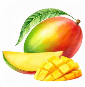 mango with green leaf and slices isolated on white background