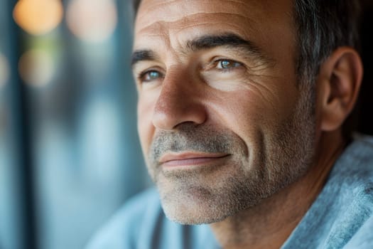Close-up portrait of a thoughtful mature man with a gentle smile, captured in soft natural light.