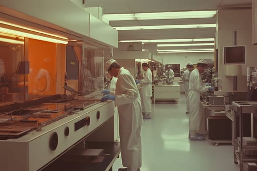 Scientists in protective gear work in a high-tech laboratory, focusing on research and innovation.