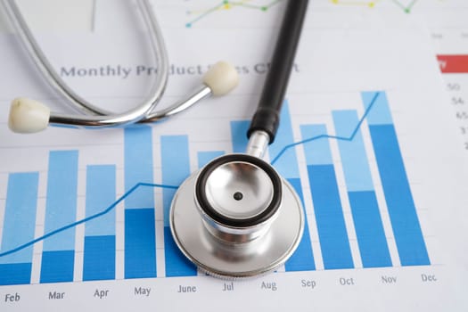 Stethoscope on chart or graph paper, Financial, account, statistics and business data medical health.