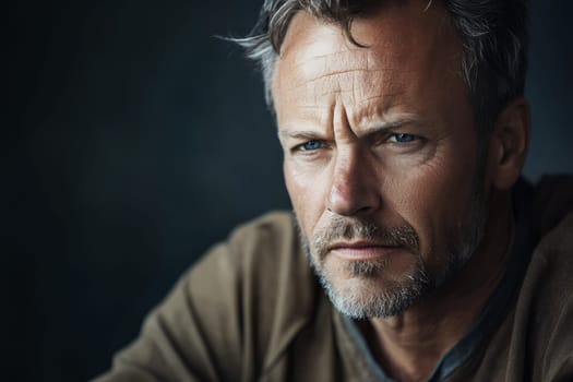 A mature man with a pensive expression, deep in thought, highlighting wisdom and introspection.