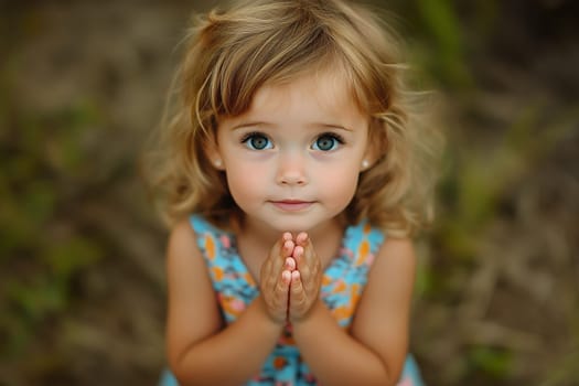 A cute child with bright eyes and clasped hands, embodying innocence and hope.