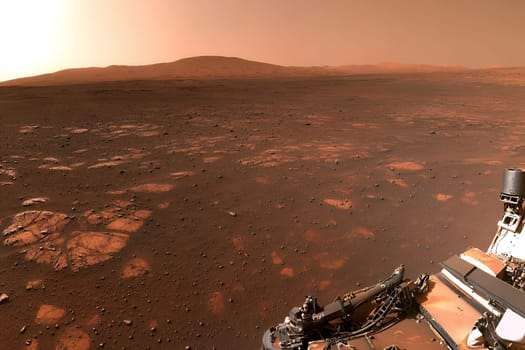 A Martian landscape with rocky terrain and a reddish sky, evoking the mysteries of space exploration.