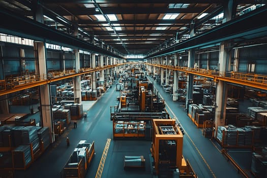 The vast interior of an industrial warehouse filled with machinery and goods, illustrating modern logistics.
