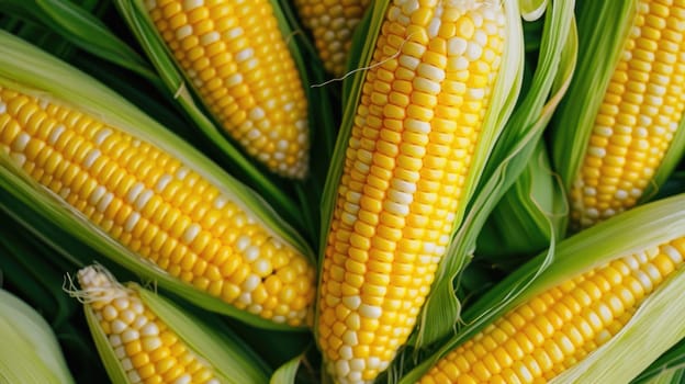 Ripe yellow corn in cobs background. Corn harvest horizontal template. Healthy organic vegan food