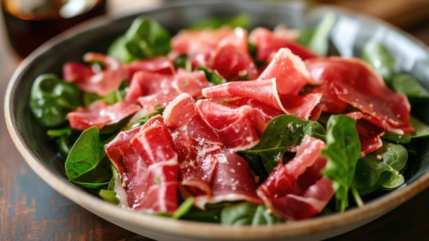 Spinach salad with jamon. Delicious fresh green leaves with meat, cold appetizer