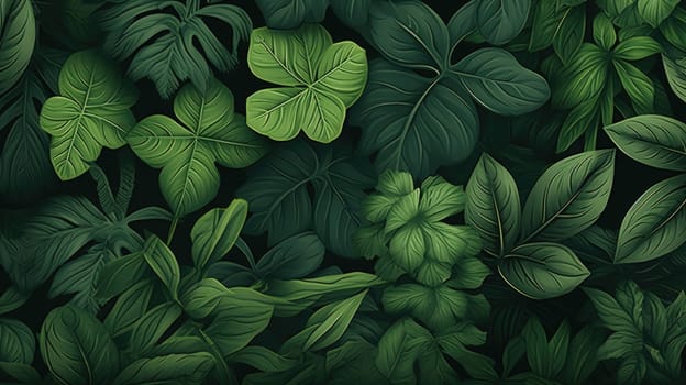 Green foliage solid background stylization. Beautiful juicy natural horizontal splash