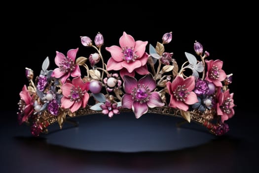 Beautiful tiara with flowers isolated on dark background. Floral jewelry wreath on head
