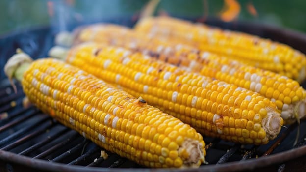 Sweet corn on the cob is grilled. Cooking vegetables at picnic. Healthy organic food