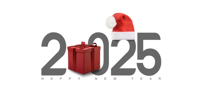 2025 New year text concept with giftbox and santa hat. 3d illustration