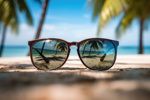 Sunglasses with beach reflection. Relaxation on the sea coast with palm trees. Summer travel and tourism concept