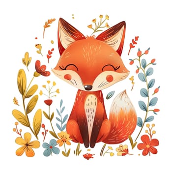 Cute fox character in flowers and herbs clip art illustration. Funny cute little fox
