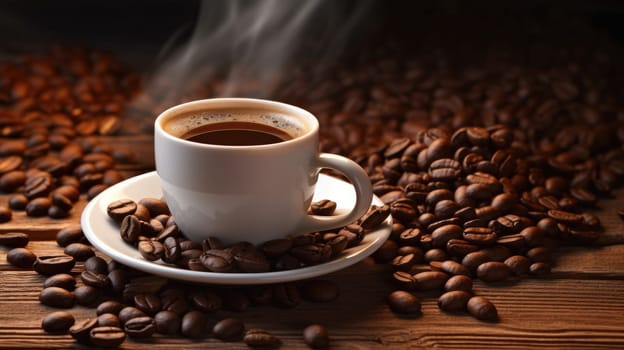 Cup of freshly brewed aromatic coffee with smoke surrounded by roasted coffee beans. Coffee break background