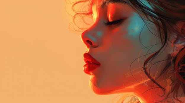 Illustration of woman's face closeup with copy space. Young woman with closed eyes in sunlight