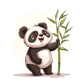 Cute positive panda with bamboo branch. Funny baby character smiling. Bear clip art