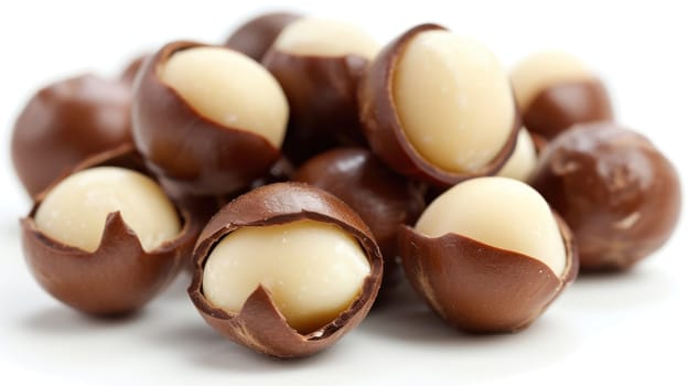 Macadamia nuts on white background. Ripe mature Australian nuts, healthy organic food, desktop version