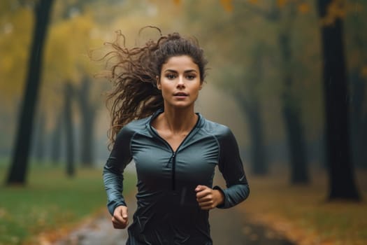 Young woman jogging in the park. Beautiful woman in tracksuit runs, active lifestyle