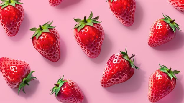 Juicy ripe strawberries on pink splash background. Delicious ripe red berries. Healthy organic food, vegan product