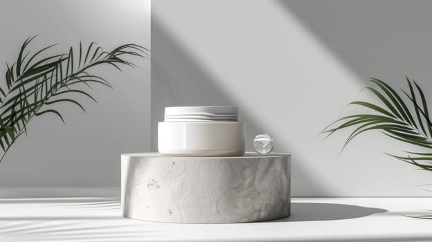White cream jar on pedestal on neutral gray background with palm branches. Presentation of cosmetic products, mockup
