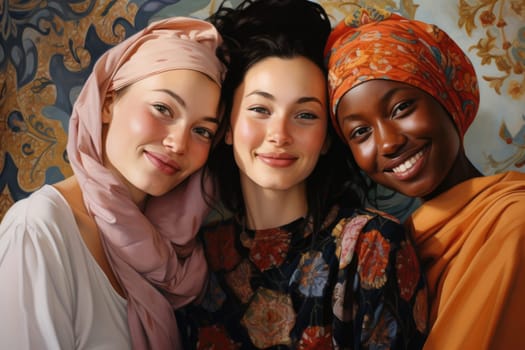 Three young beautiful women of different nationalities. Multiethnic group of women