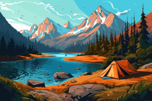Camping on background of mountains and river on sunny day illustration. Tent on background of picturesque mountain river. Hiking concept