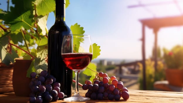 Bottle of wine and glass, bunches of ripe grapes. Growing grapes on sunny day. Vineyards of the South