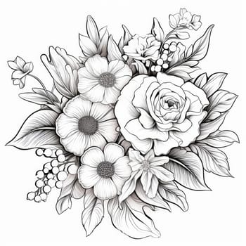 Blooming flowers coloring page. Bouquet of flowers with foliage ink doodle sketch style