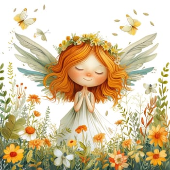 Forest fairy with wings surrounded by wildflowers, herbs and butterflies. Cute baby magical forest character illustration