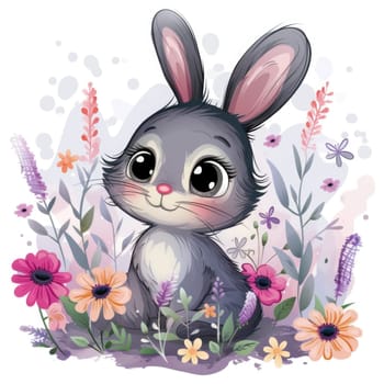 Cute bunny surrounded by wild flowers and herbs. A fluffy rabbit sits in the meadow. Funny baby character hare