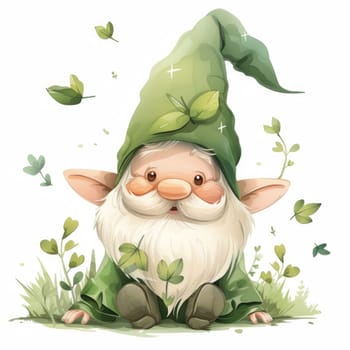 Cute forest gnome in hat, with long beard and pointy ears. Funny grandfather gnome sitting in the grass, baby fairy tale character