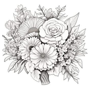 Flower bouquet ink outline coloring page. Composition of flowers, herbs and leafy branches in bunch