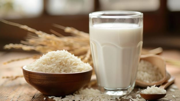 Alternative rice milk for vegan nutrition. Vegetable milk in glass, plate of rice. Healthy organic food, varied diet