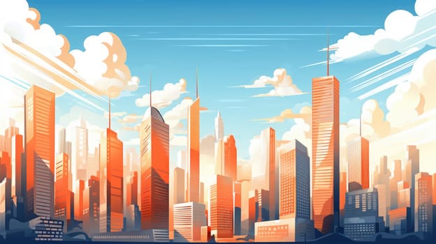 Abstract light sunny city stylization. Modern urban development with skyscrapers, glass buildings and residential high-rise buildings. Positive image of the metropolis