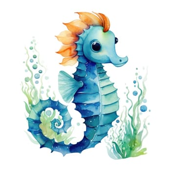 Seahorse with algae clip art. Cute underwater character watercolor illustration