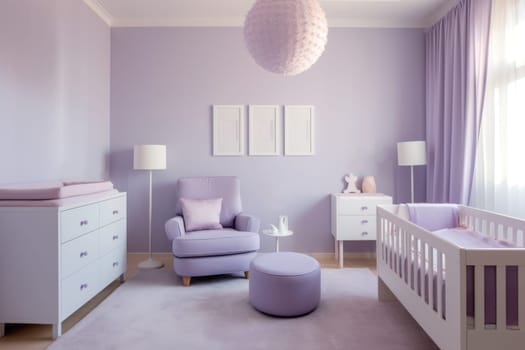 Modern minimalist room for newborn. Delicate lavender pastel interior of children's room. Room with light walls with cradle, changing table, an ottoman and large window
