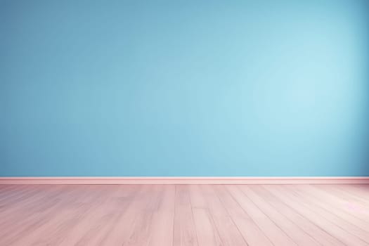 Matte blue walls and light wooden floor horizontal background. Delicate light wall with copy space for mockup
