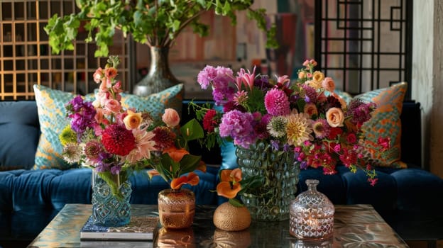 A table with a vase of flowers and a vase of flowers with a gold top. The flowers are in different colors and the vases are in different sizes