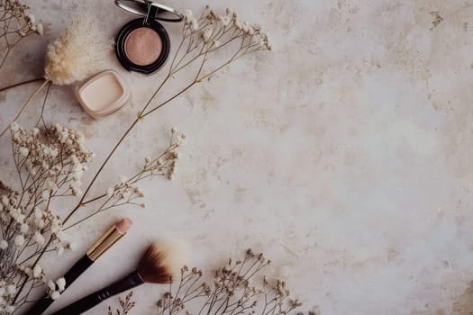 Neutral background with space for text and makeup essentials.
