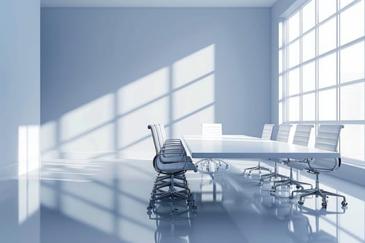 A large conference table with several chairs around it. The chairs are all white and the table is made of wood. The room is very clean and organized