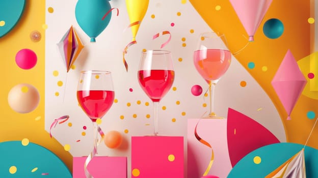 A colorful image of three wine glasses filled with pink liquid and surrounded by confetti. Scene is celebratory and festive