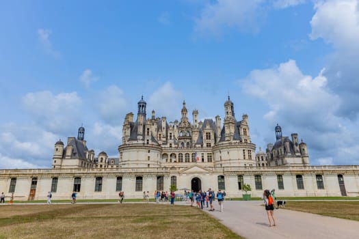 Chambord, France - August 18, 2024: View of the royal castle of Chambord, France. This castle is located in Loire Valley, built in the 16th century and is one of the most recognizable in the world.