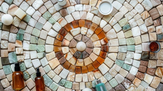 Patterned display of beauty and wellness items in a radial mosaic layout pattern