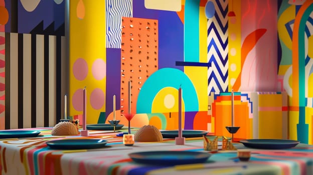Playful party setting enhanced by a colorful and playful abstract backdrop