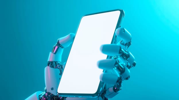 Robotic hand holding a mobile phone with a blank screen . AI generated