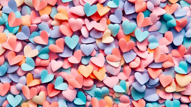 Pile of many colorful miniature hearts, close-up view. AI generated