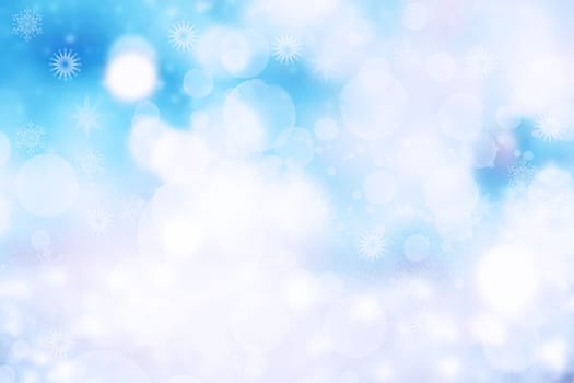 Abstract blurred festive delicate winter christmas or Happy New Year background with shiny blue and white bokeh lighted stars. Space for your design. Card concept.