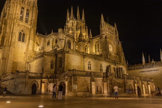 Burgos, Spain: August 22, 2024: Night scene of Monasterio de las Huelgas in Burgos. Abbey of Santa Maria la Real de Las Huelgas, Castile and Leon, Spain
