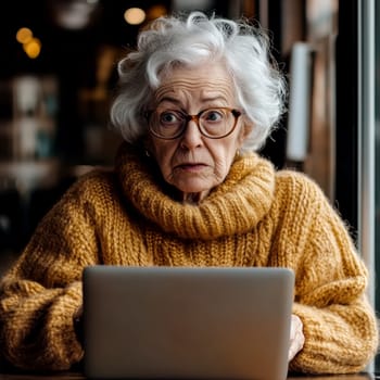 An elderly woman using a laptop computer AI generative.
