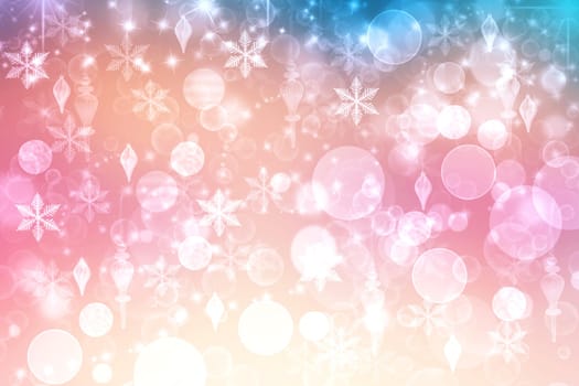 A festive abstract delicate Happy New Year or Christmas background texture with colorful gold yellow blue pink blurred bokeh lights and stars. Space for design. Card concept or advertising.